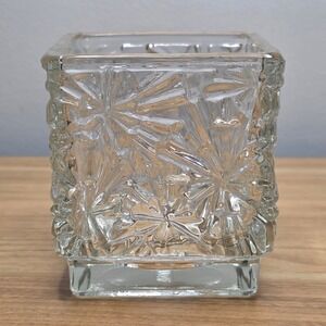 Vintage Avon Clear Pressed Glass Winter Ice Square Votive Tea Lite Holder